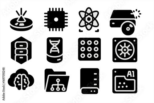 Futuristic Storage Icons. Solid style icons of futuristic storage: holographic disk, nano storage chip, quantum storage icon,