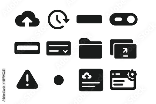 Backup UI Icons. Solid style icons of backup UI elements: backup button, restore button, progress bar icon, sync toggle, schedule