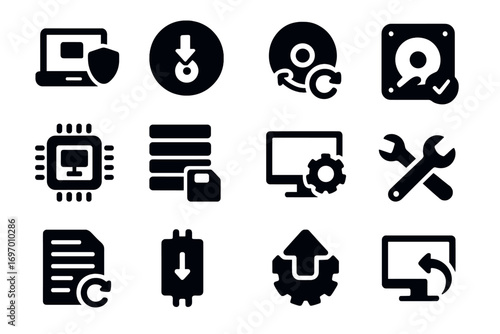 System Backup Icons. Solid style icons of system backup: full OS backup icon, bootable media, recovery disk, system partition