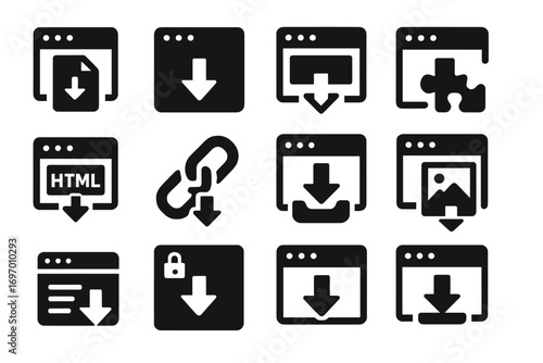 Solid Browser Icons. Solid style icons of browser downloads: web file fetch, browser arrow icon, web page download, extension
