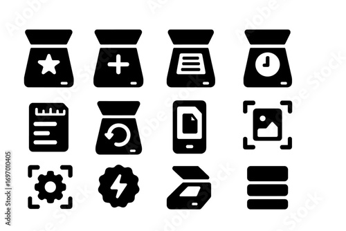 Scan Icon Collection. Solid style icons of scanning shortcuts and presets: favorite scan icon, quick scan button, preset scan