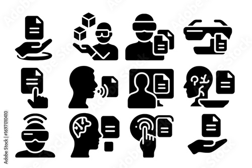 Futuristic Copy Icons. Solid style icons of future and virtual copy interactions: holographic file copy, AR object duplication, VR