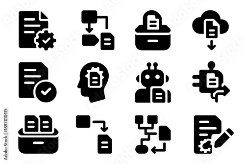 Smart Copy Icons. Solid style icons of smart copy automation: auto-copy rule icon, workflow with copy step, smart duplicate tray,