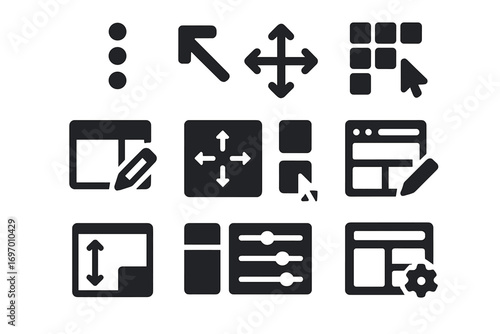 UI Editing Icons. Solid style icons of layout and UI editing: drag handle icon, resize corner icon, grid layout tool, section edit