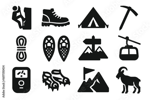 Mountain Activities Icons. Solid style icons of mountain activities: rock climber, hiking boot, mountain tent, ice axe, climbing