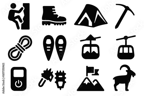 Mountain Activities Icons. Solid style icons of mountain activities: rock climber, hiking boot, mountain tent, ice axe, climbing