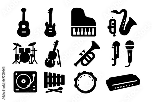 Musical Instruments Icons. Solid style icons of musical instruments: acoustic guitar, electric guitar, piano, saxophone, drum set,
