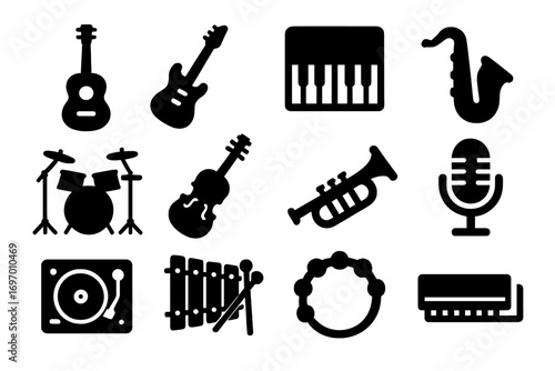Musical Instruments Icons. Solid style icons of musical instruments: acoustic guitar, electric guitar, piano, saxophone, drum set,