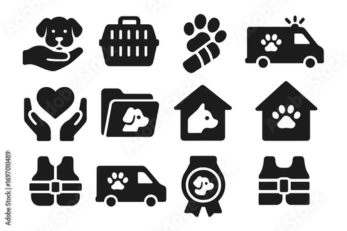 Animal Rescue Icons. Solid style icons of animal rescue: dog in hand, rescue cage, injured paw, pet ambulance, foster care icon,