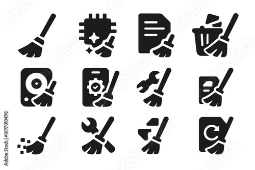 Digital Cleaning Icons. Solid style icons of digital cleaning: clear cache, clean memory, remove junk files, storage cleaner,