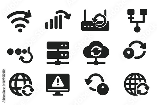 Network Refresh Icons. Solid style icons of network and connection refresh: Wi-Fi refresh, network signal reload, router reboot