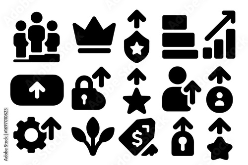 Plan Upgrade Icons. Solid style icons of plan and subscription upgrades: membership level icon, crown with arrow, premium badge,