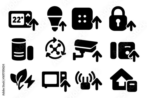 Smart Home Upgrades. Solid style icons of smart home upgrades: thermostat upgrade, smart bulb with arrow, hub device upgrade,