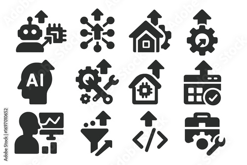AI Technology Icons. Solid style icons of AI and automation upgrades: robot chip upgrade, neural network enhancement, AI model
