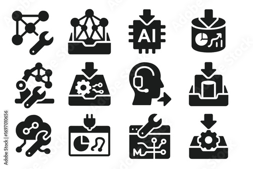 AI Tool Icon Set. Solid style icons of AI and ML tool installation: neural network setup icon, training module tray, AI toolkit