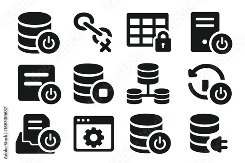 Database Shutdown Icons. Solid style icons of database shutdown: database power icon, DB connection stop, table lock icon,