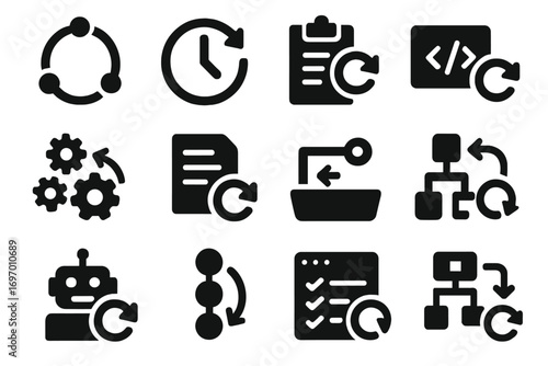 Automation Icons. Solid style icons of automation script restart: automation loop icon, cron job restart, restart scheduled task,