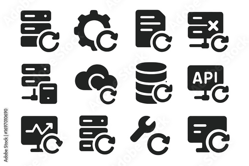 Server Restart Icons. Solid style icons of server and backend restart: server rack reboot icon, backend engine reload, system log