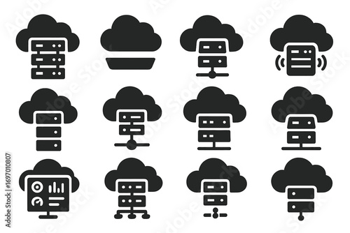 Solid Cloud Icons. Solid style icons of cloud servers: cloud with server icon, cloud storage tray, virtual server symbol, server