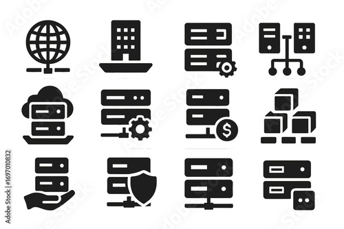 Hosting Icons Collection. Solid style icons of hosting providers: datacenter globe icon, provider building tray, server with logo