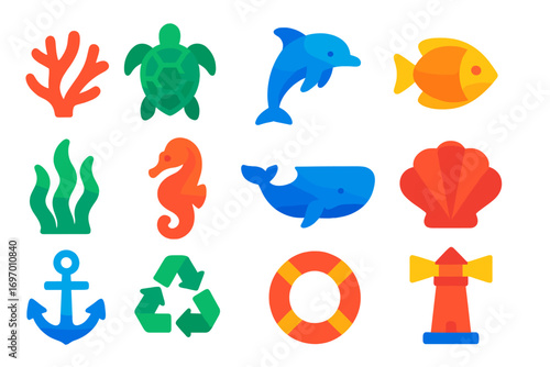 Ocean Conservation Icons. Modern gradient icons of ocean conservation and ecology: coral, turtle, dolphin, fish, seaweed, seahorse