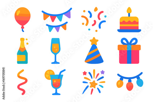 Vibrant Party Icons. Modern gradient icons of holiday celebration and party decor: balloon, garland, confetti, cake, champagne,