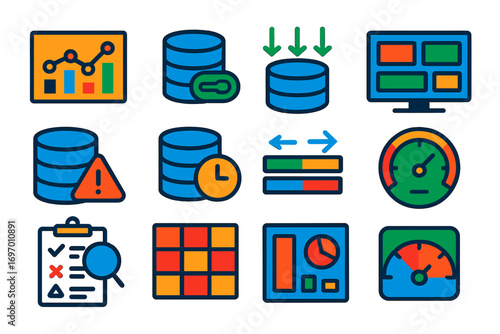 Database Monitoring Icons. Flat vector icons of Database Monitoring: performance chart, connection monitor, live query stream,