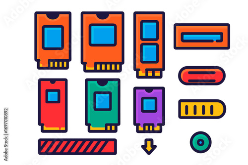 M.2 SSD Icons. Flat vector icons of M.2 SSD Types: M.2 2242, M.2 2260, M.2 2280, single-sided M.2, double-sided M.2, B key, M key,