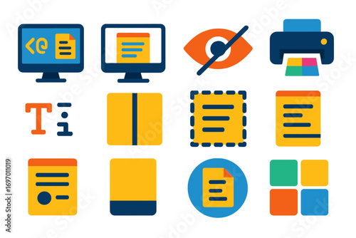 CSS Print Icons. Flat vector icons of CSS Print Styling: print media query, print preview, hidden on print, print color mode,