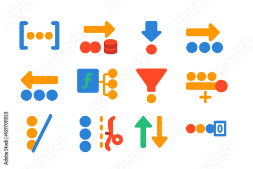 JavaScript Array Icons. Flat vector icons of JavaScript Arrays and Methods: array brackets, push method, pop method, shift icon,