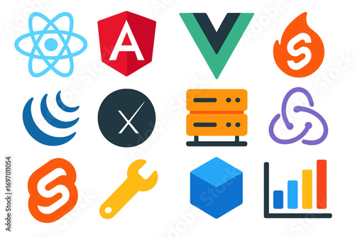 JavaScript Framework Icons. Flat vector icons of JavaScript Frameworks and Libraries: React logo, Angular symbol, Vue icon, Svelte