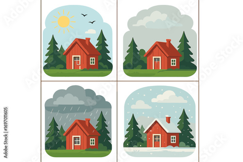 A collection of varied weather scenes: sunny, cloudy, rainy, and snowy