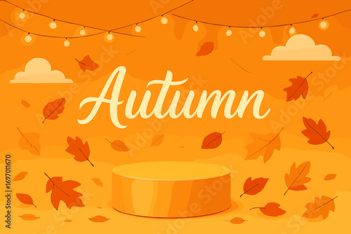 A cylindrical product display on an autumn sale banner is adorned with a variety of falling autumn leaves against a sky of clouds