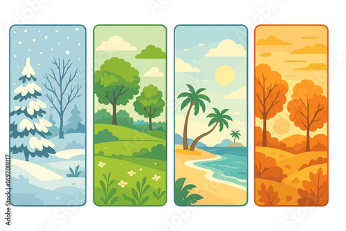 Create a vertical banner featuring natural landscapes of the four seasons: a winter wonderland, a rainy spring, a hot sunny summer, and an autumn with falling leaves, all rendered in a flat cartoon