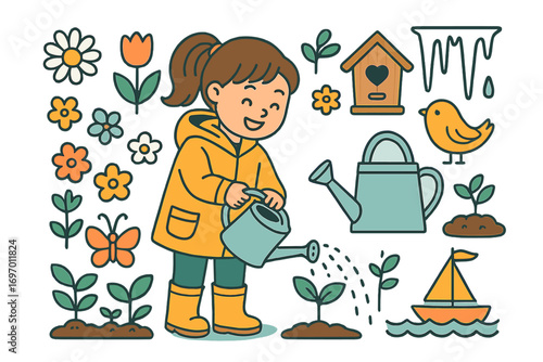 Vector set featuring spring signs, seasonal collection, and an illustration of a cute girl holding a watering can