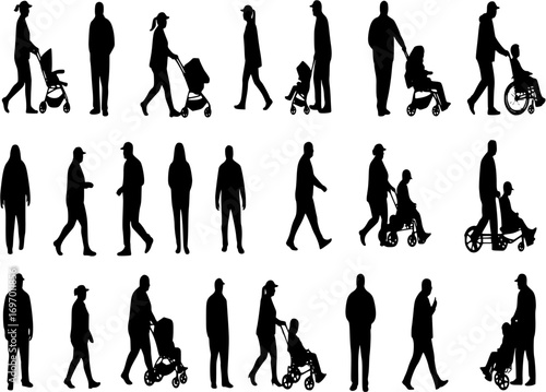 Diverse people silhouettes walking and interacting stroller wheelchair
