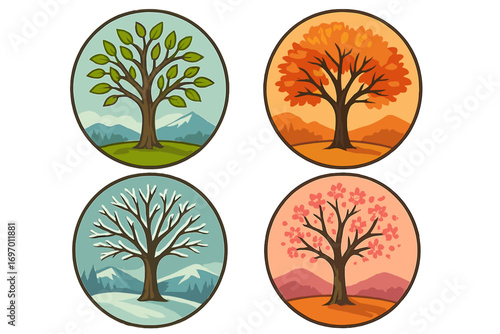 Vector illustration of circular icons featuring trees representing the four seasons, depicting the passage of time throughout the year in a wild natural setting suitable for camping and skiing