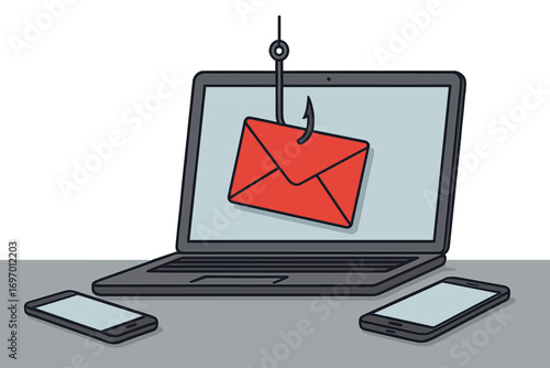 Illustration of 3D cybersecurity technology: a hacker deploying ransomware on mobile devices, laptops, and personal computers through phishing emails