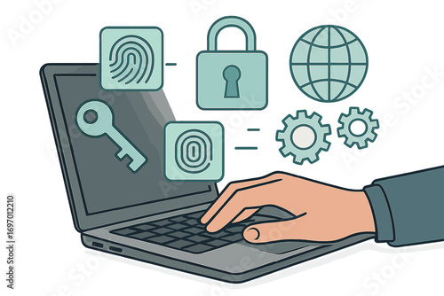 A young entrepreneur works on a laptop, entering a password while exploring cybersecurity ideas online