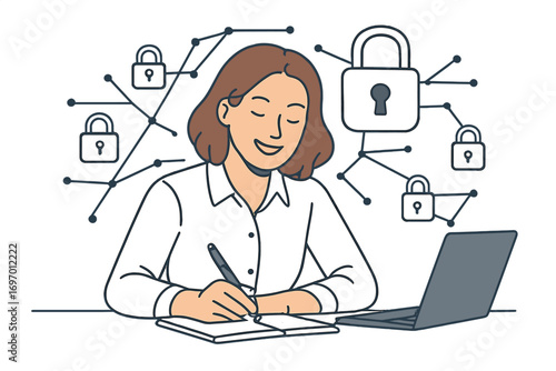 A striking businesswoman is seen reviewing documents while contemplating ways to safeguard client confidentiality and cyber security, with holographic padlock icons hovering over the office backdrop