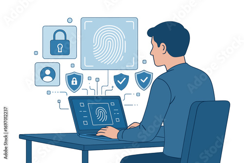 A fingerprint scan is used for secure biometric access to a protected data network, with a user authenticating on a laptop to log into a private system