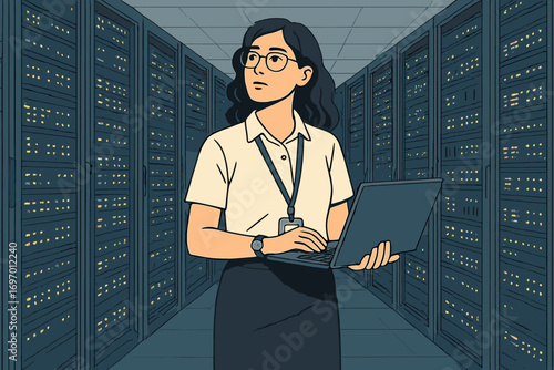 A female IT technician in a data center stands in the server rack corridor with a laptop, visually inspecting something while staring at the screen in a nighttime office setting