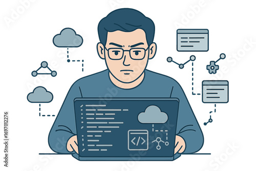 A software developer coding with AR creates a new dashboard design featuring computer icons, employing scrum and agile development, code forking, versioning, and responsive cybersecurity, while