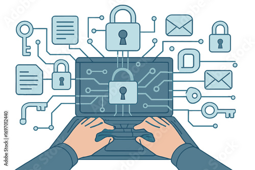 Cybersecurity IT engineer defending the network from internet hacker attacks, securing online privacy and personal data, while typing on a keyboard and PCB