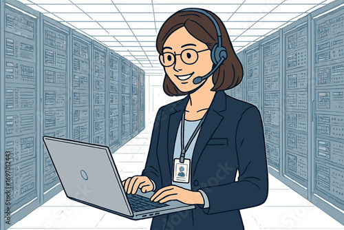 A female engineer holds a laptop while coding; she works in a modern high‑tech office where high‑speed data transfer, seamless server operation, and analytics and statistics concepts are in play