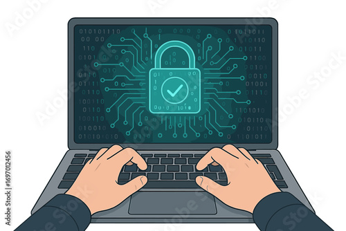 Using cybersecurity and privacy principles to safeguard data, illustrated by a lock icon and internet network security technology, as a businessman protects personal information on a computer and