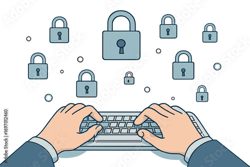 A female programmer types code on a computer to safeguard cybersecurity against hacker attacks and protect clients’ confidential data, with padlock hologram icons hovering over her hands, all while
