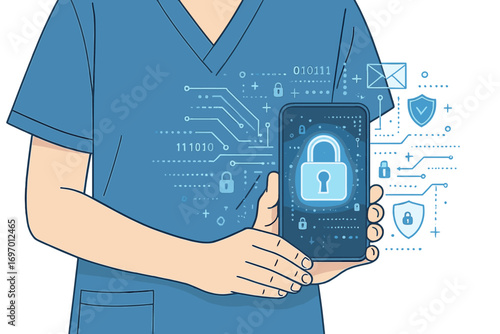 A nurse, a phone, or healthcare in medical cybersecurity, life insurance, or a data safety lock on an internet app or hospital database; a woman, a doctor, or futuristic technology in a night overlay