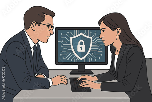 A businessman and a businesswoman collaborate to safeguard clients' confidential data and cyber security, with holographic padlock icons hovering over an office backdrop featuring panoramic windows