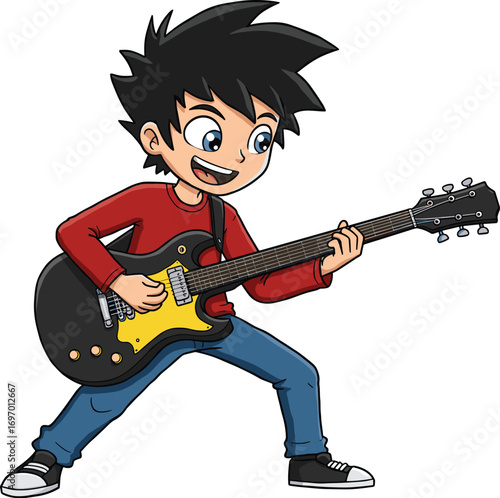 Cartoon boy playing electric guitar, happy kid musician illustration, rock music character, fun children artwork, energetic performance pose, music concept design